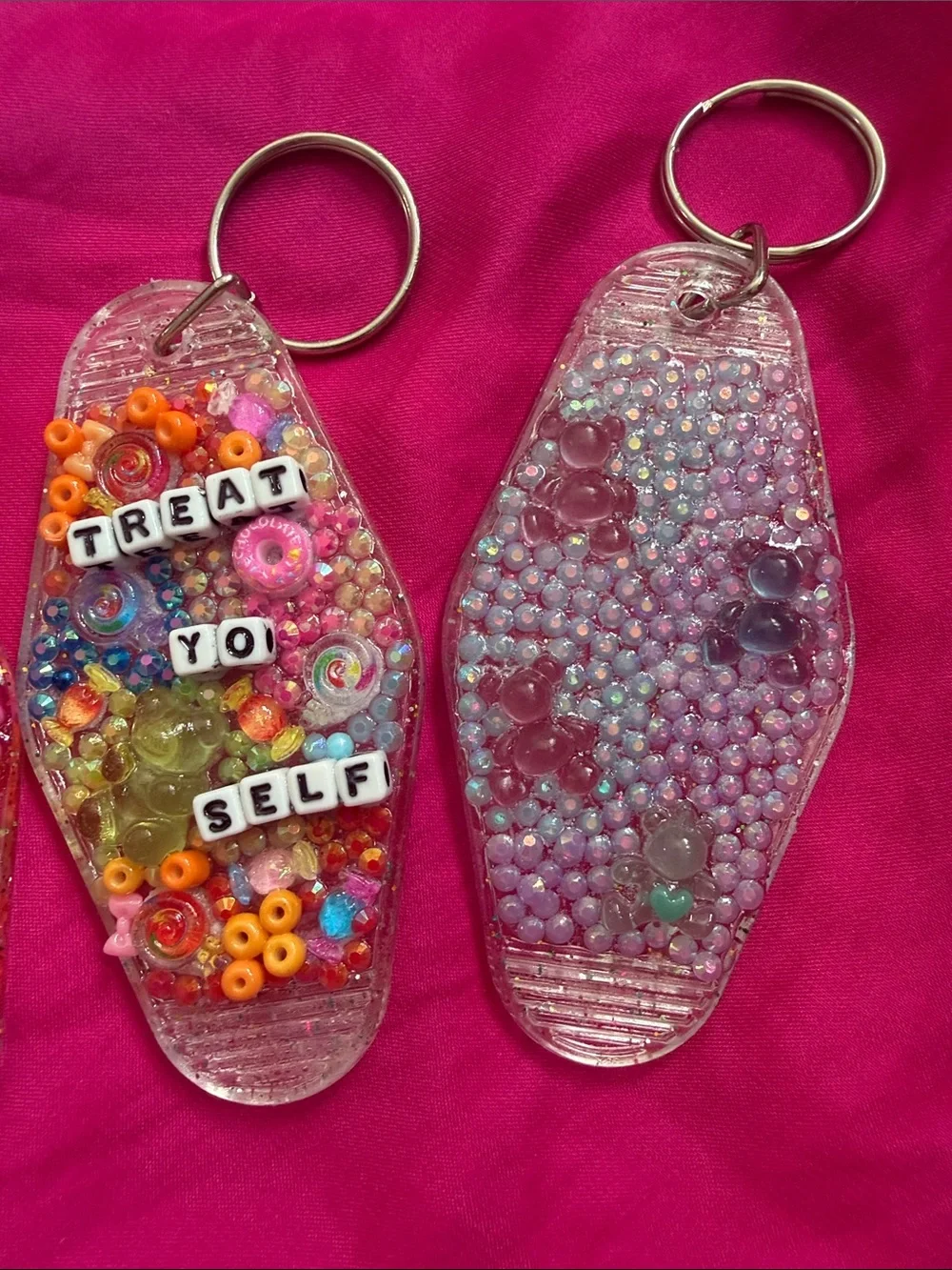 Handmade Pink & Multi Bead Keychain Trio - Treat Yo Self Treats Theme
